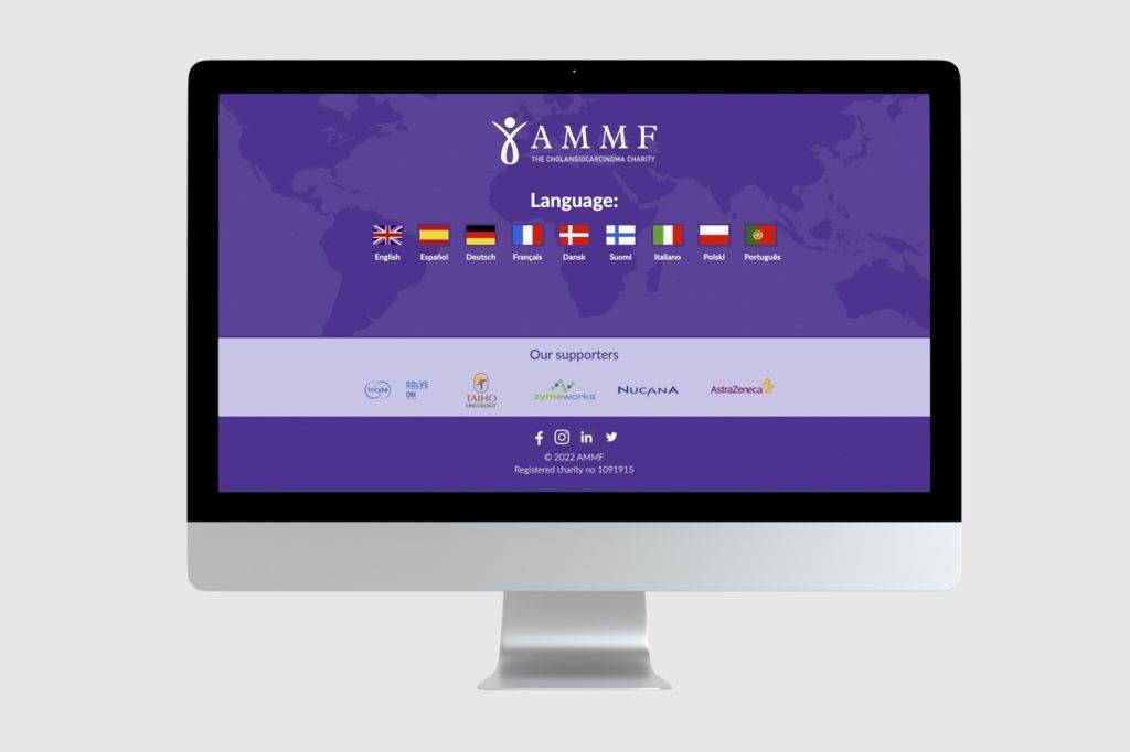 AMMF-EU.org home page showing languages it can be viewed in 