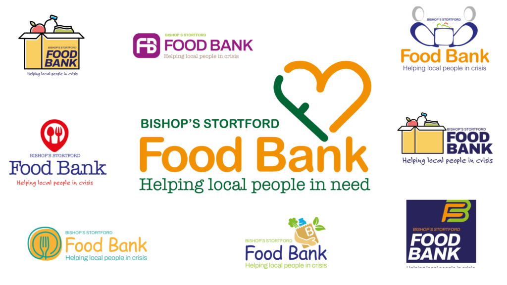 Bishop’s Stortford Food Bank – Initial logo ideas and selected final logo (centre)